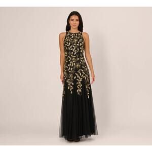 Adrianna Papell Sleeveless Floral Beaded Godet Gown In Black Gold - formal -sz 8